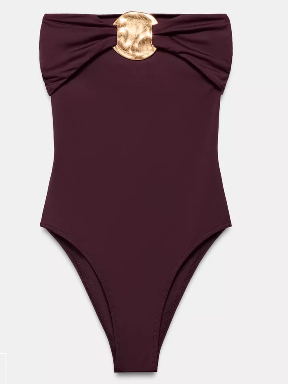 Zara Strapless One-Piece Swimsuit in Burgundy with Gold Detail
